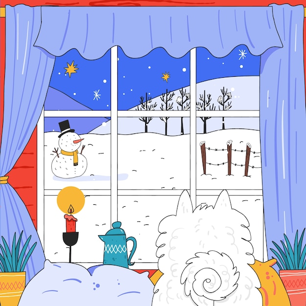 手绘冬季窗外的风景插画