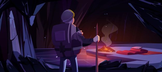 野外探险露营篝火插画