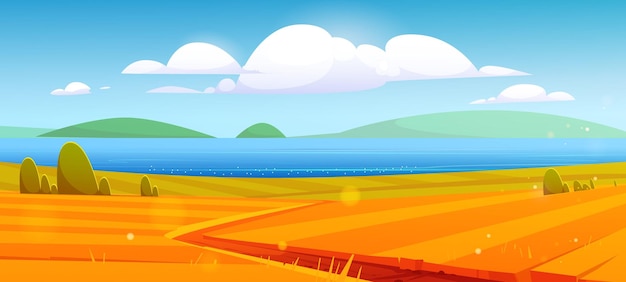 田野湖泊风景插画