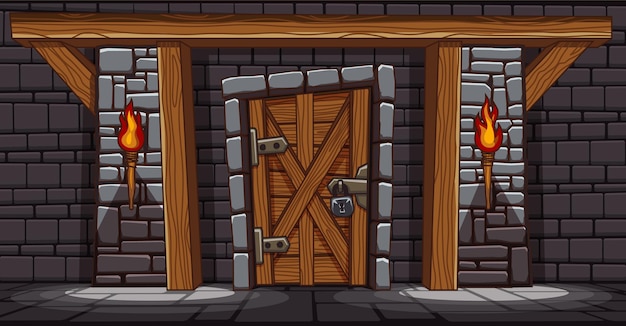 城堡地牢大门火把插画