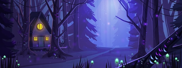 夜晚森林小屋插画