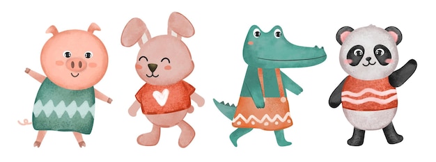 卡通小猪兔子熊猫鳄鱼插画