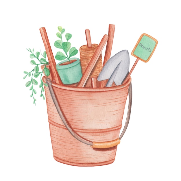 水彩风格园艺工具提桶插画