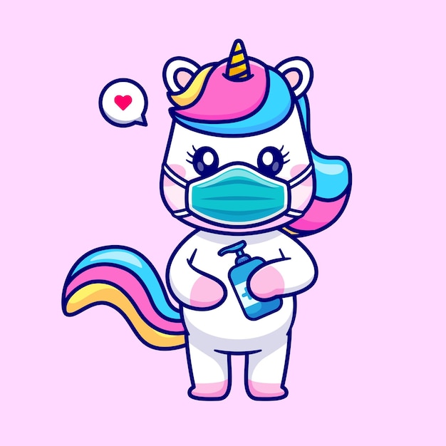 彩虹独角兽戴口罩洗手液新冠疫情插画