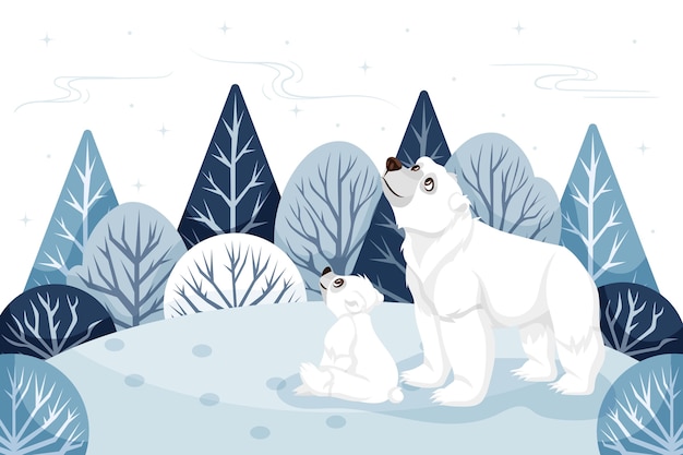 冬季风景手绘北极熊植物插画