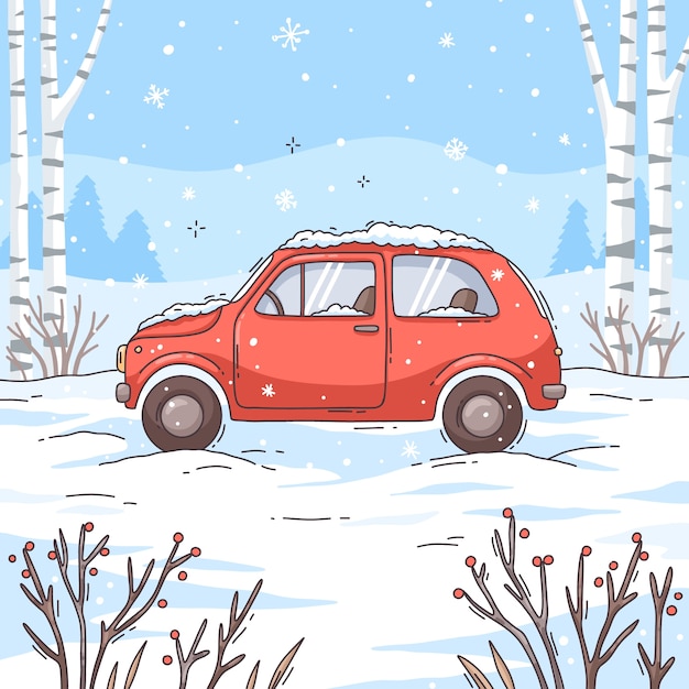 雪地里的汽车下雪插画