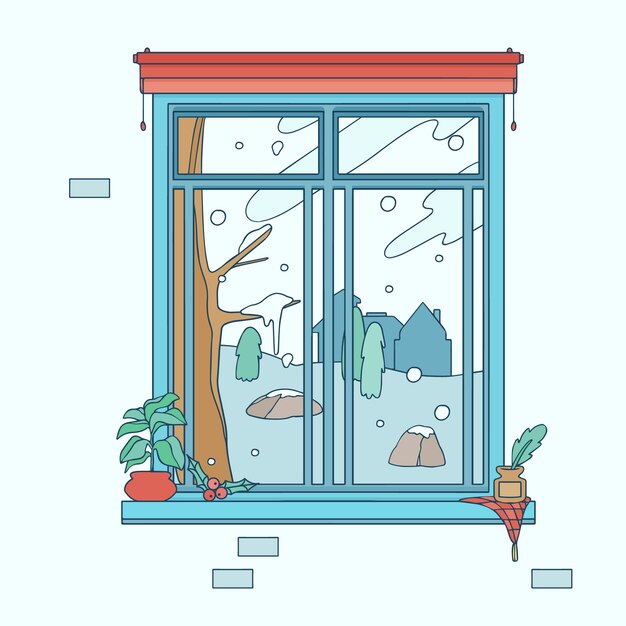 下雪的窗外风景插画