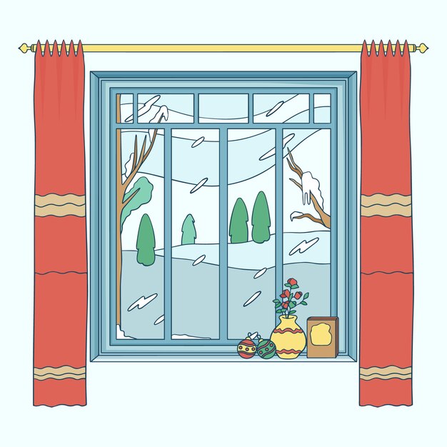 下雪的窗外风景插画