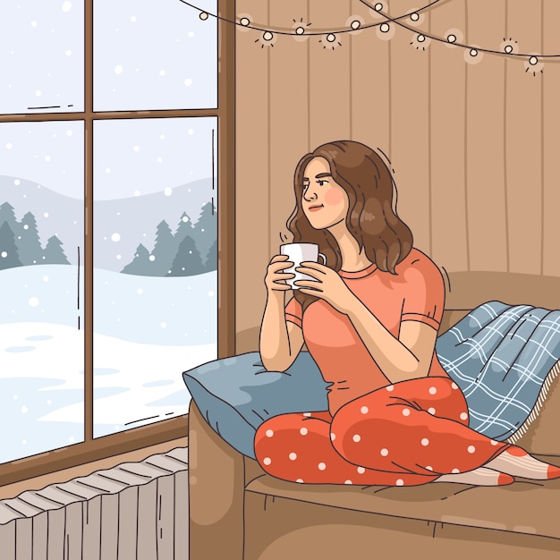 下雪的窗外风景人物插画