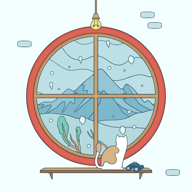 下雪的窗外风景插画