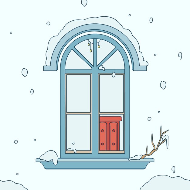 下雪的窗外风景插画