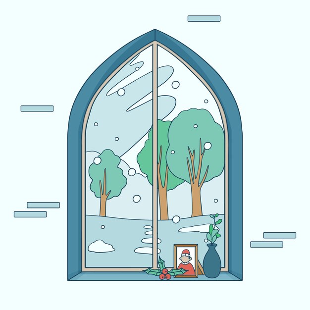 下雪的窗外风景插画