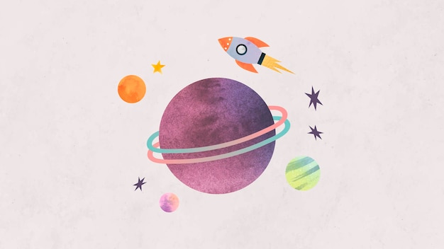 水彩风格星球火箭