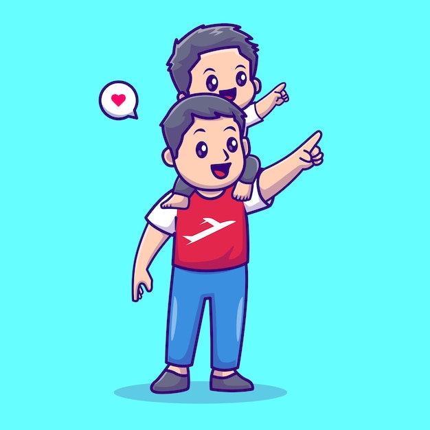 爸爸和儿子坐在肩膀上卡通插画