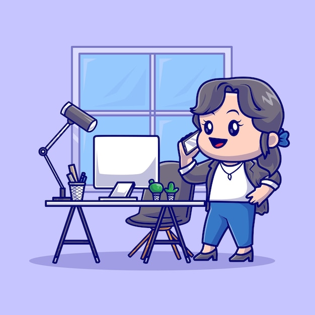 办公室打电话的女人卡通插画