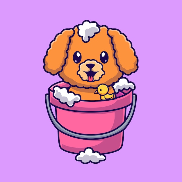 贵宾犬提桶洗澡卡通插画