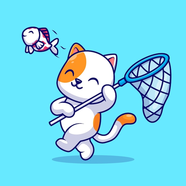 小猫捕鱼卡通插画