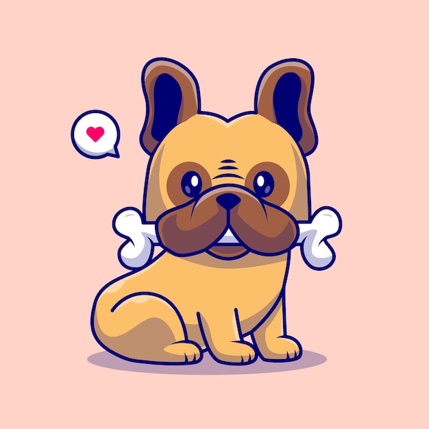 八哥犬叼着骨头卡通插画