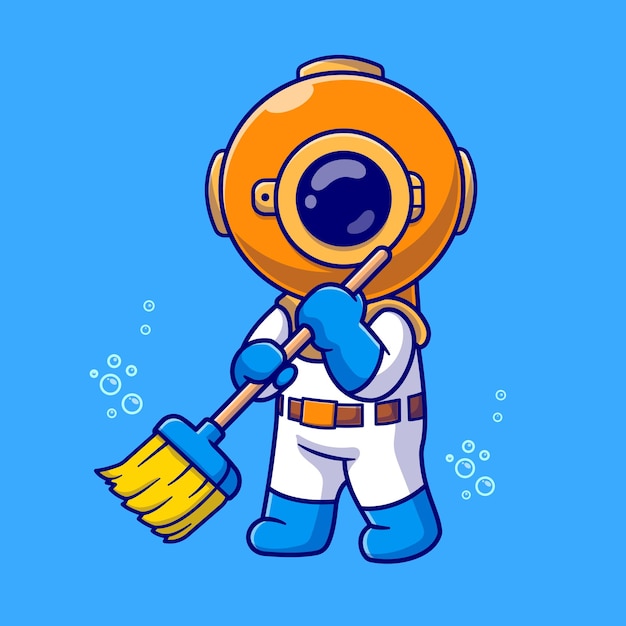 潜水员扫地卡通插画