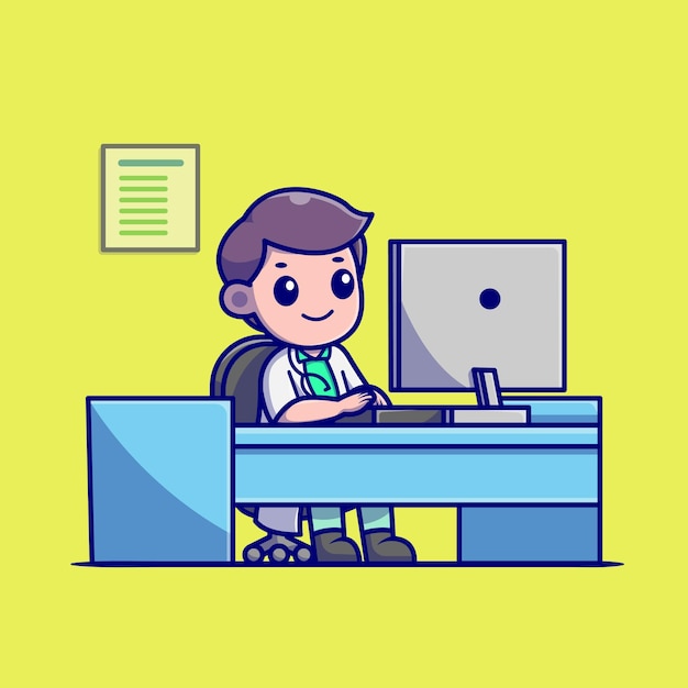 医生在电脑前工作卡通插画