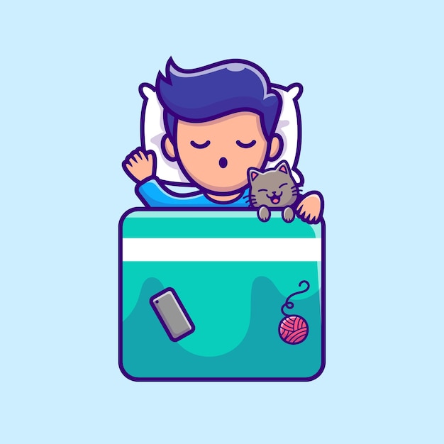 男孩小猫咪睡觉卡通插画