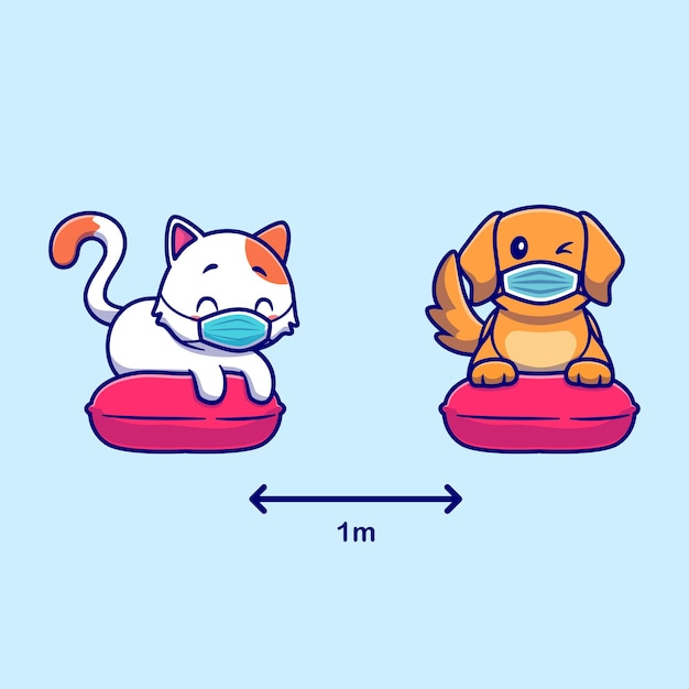 带口罩的小猫小狗保持一米距离卡通插画