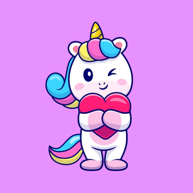 独角兽抱着爱心卡通插画