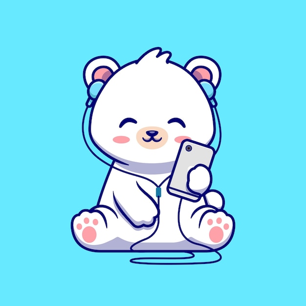 北极熊听音乐卡通插画