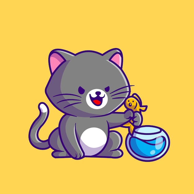 抓鱼的小猫咪卡通插画