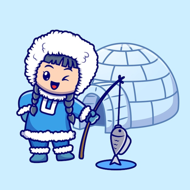 爱斯基摩人女孩钓鱼卡通插画