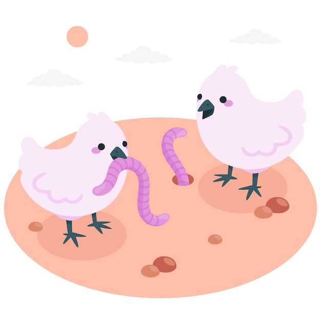 小鸡吃虫子扁平插画