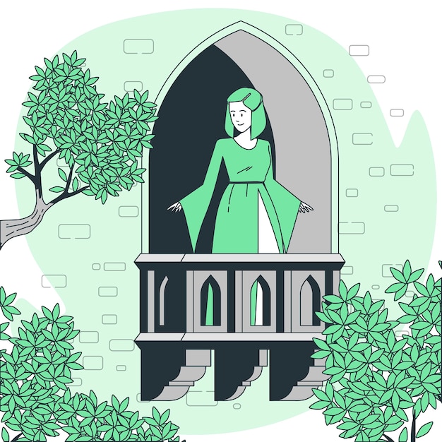 城堡阳台公主扁平插画