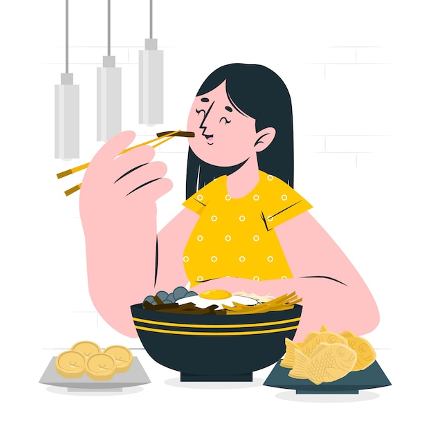 吃韩国食物料理的人扁平插画