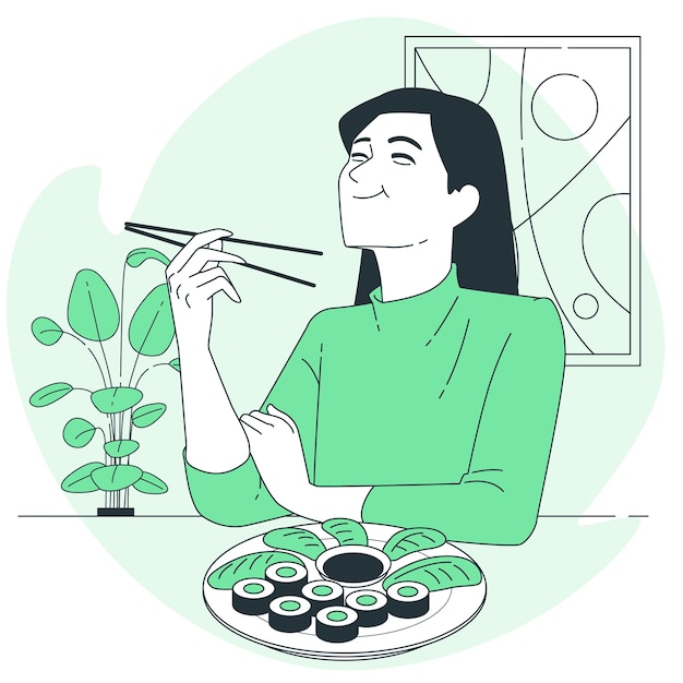 吃寿司日本料理的女人扁平插画