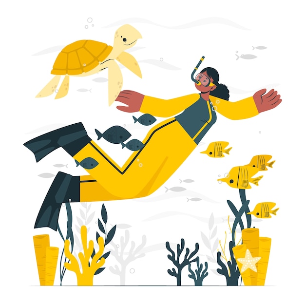 与动物一起潜水扁平插画