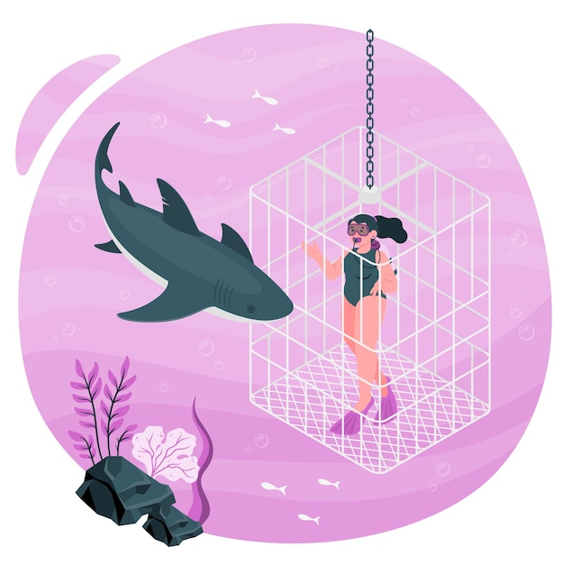 与鲨鱼一起潜水扁平插画