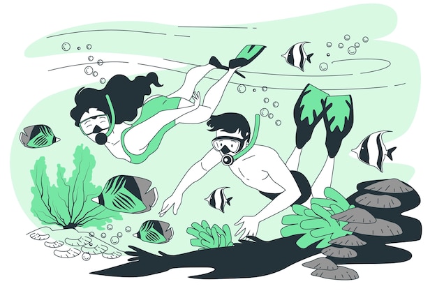 男人女人潜水海底世界扁平插画