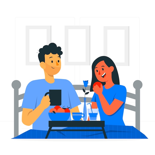 床上吃早餐的男人女人扁平插画