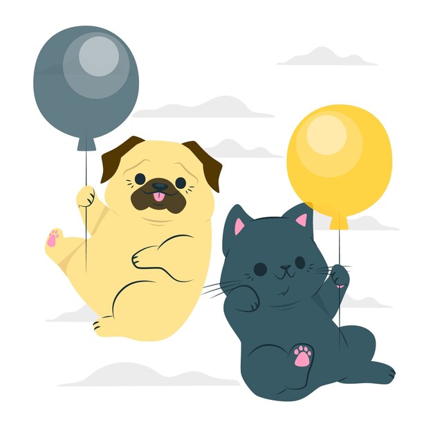 气球漂浮的小狗小猫扁平插画