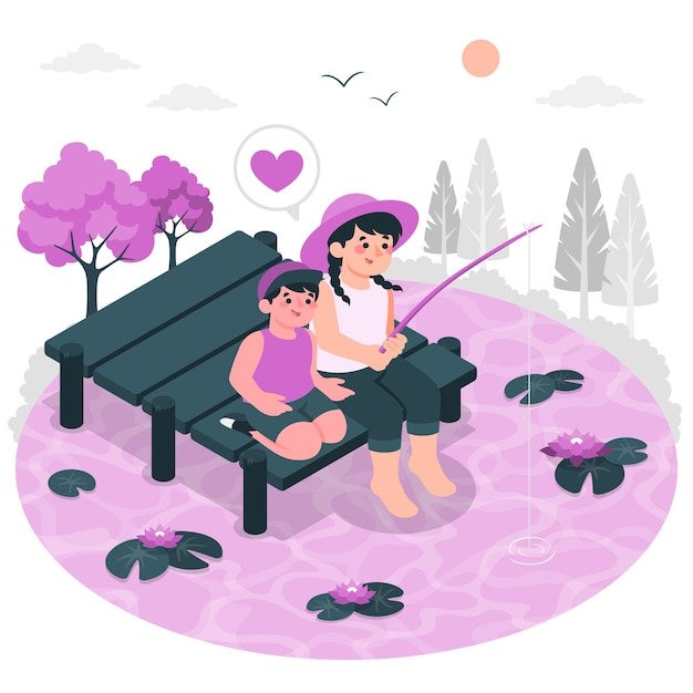 家庭钓鱼扁平插画