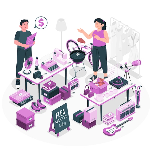 跳蚤市场二手市场扁平插画