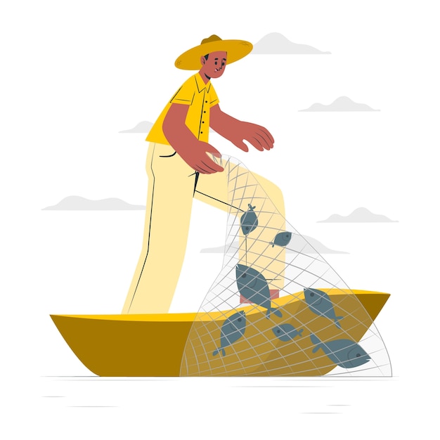 撒网捕鱼的人扁平插画