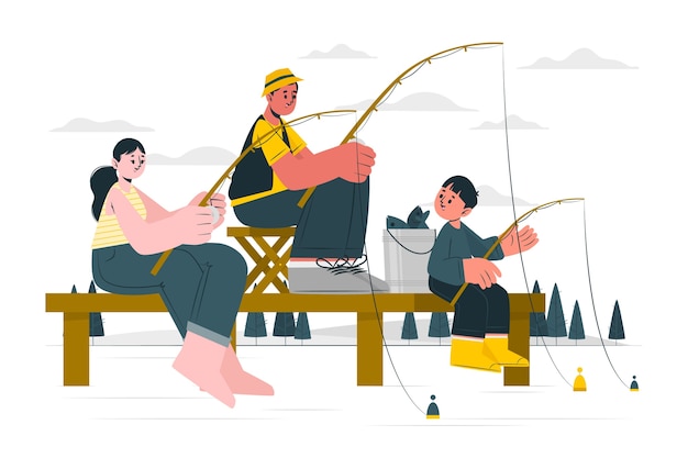 家庭钓鱼扁平插画