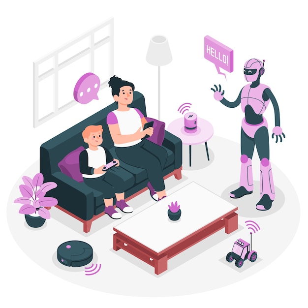 家庭机器人智能生活扁平插画
