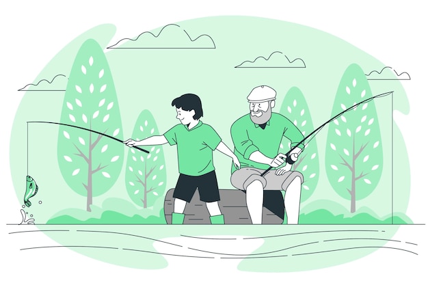 家庭钓鱼扁平插画