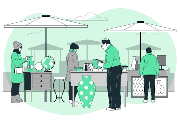 跳蚤市场二手市场扁平插画