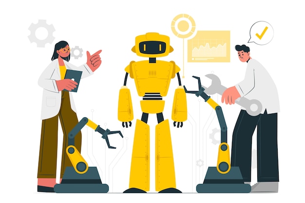 人们创造机器人扁平插画