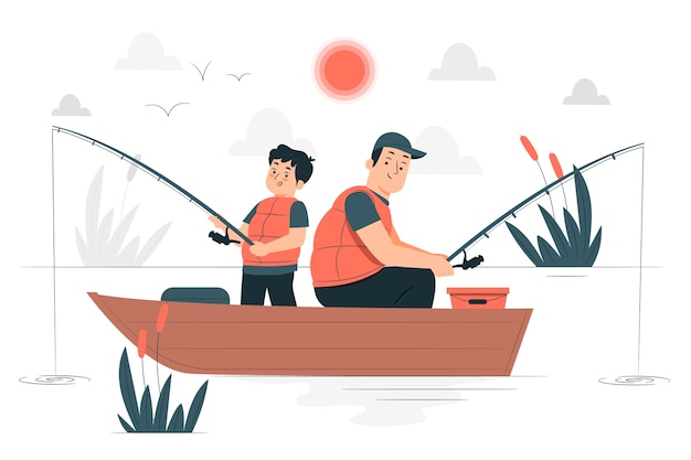 家庭钓鱼扁平插画