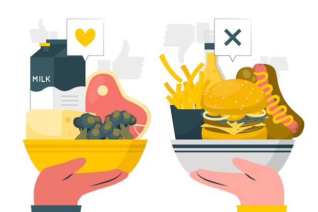 健康食品vs快餐扁平插画