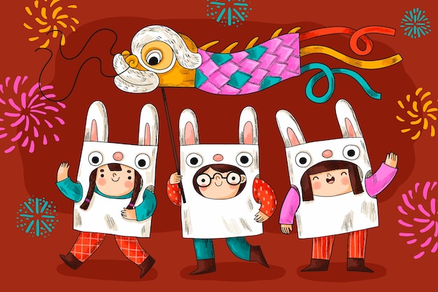 手绘中国风2023年兔年舞龙插画